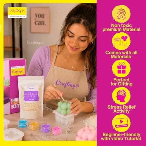 Image of Craftinger DIY Bubble Candle Making Kit with 400gm SOYA Wax | 2 Different Size Silicon Molds | 4 Pigment | Wicks & Sticks | Beginner Kit for Kids & Adults | Ideal for Birthday Gifts, Craft Lover
