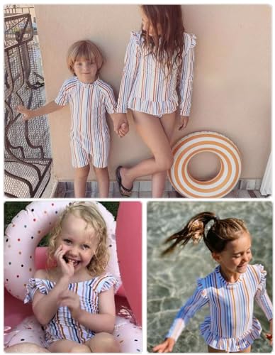 Image of Girls One Piece Swimsuits Zipper Rash Guard Long Sleeve Bathing Suit with Ruffle Hem UPF50+