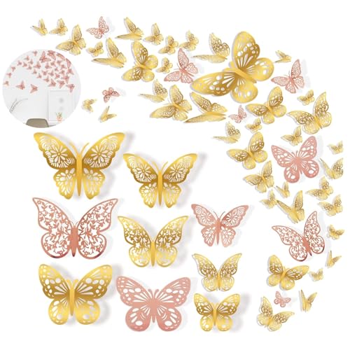 72 PCS 3D Butterfly Wall Decor, Gold and Rose Gold Stickers - 3 Styles 3 Sizes Removable Decals, Cupcake Toppers for Wedding Birthday Party, Girls Bedroom Decoration