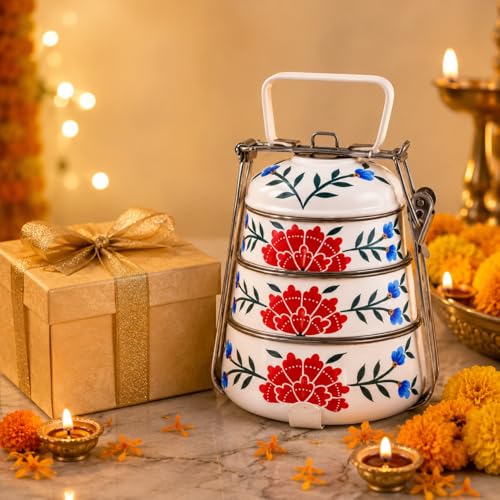 Image of iHandikart Handpainted Decorative Lunch Box Tiffin | Multiple Tier Stainless Steel Food Box | Designer Indian Print Tiffin for School | Diwali Gift, Navratri Gift (Color - Multicolor)