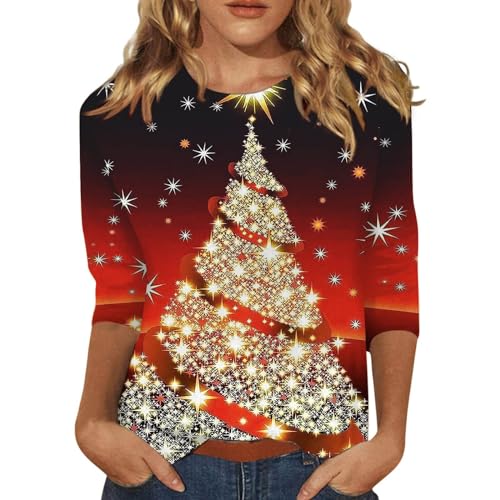 TXIAOLLY Amazon Must Haves,Early Black of friday Deals 2022 Christmas Sweatshirt,Neck Women Plus Size Christmas Shirts For Women Glitter Xmas Tree Printed 3/4 Sleeve Tops Nylon Blouses (a-Purple, XL)