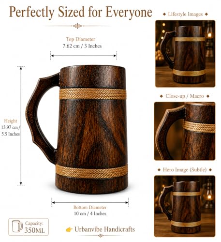 Image of Handmade Wooden Beer Mug, Wood with Sheesham Finish, Barrel Style, Lightweight & Durable, for Craft Beer, Home Bar, Cafe, Party, Gift(350ml) (Plane)