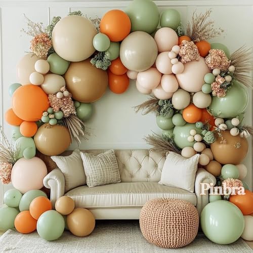 Image of Dusty Green Orange Balloon Garland Double Stuffed Blush Brown Nude Balloon Arch Avocado Sage Green Balloons for Neutral Baby Shower Bridal Shower Gender Reveal Birthday Summer Party Decorations