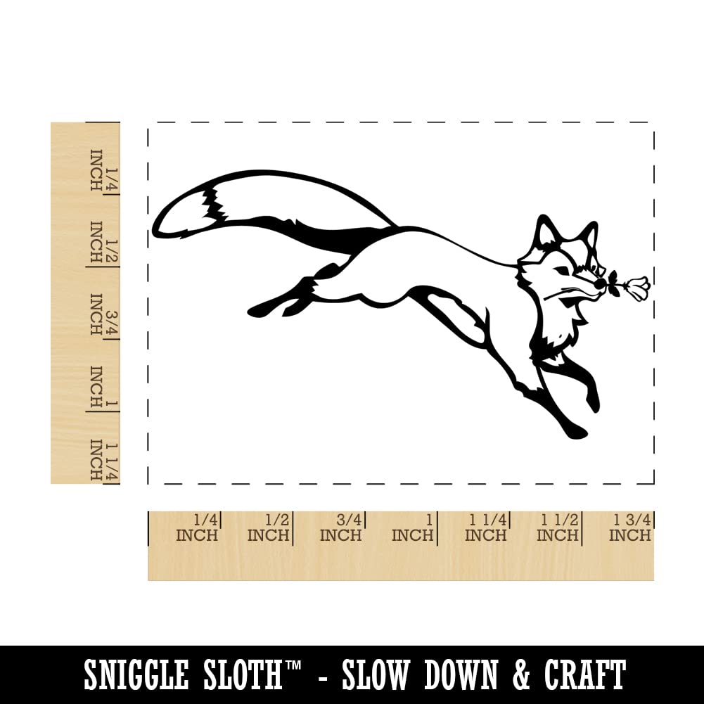 Romantic Leaping Fox with Flower in Mouth Rectangle Rubber Stamp for Stamping Crafting - 1.7in Small