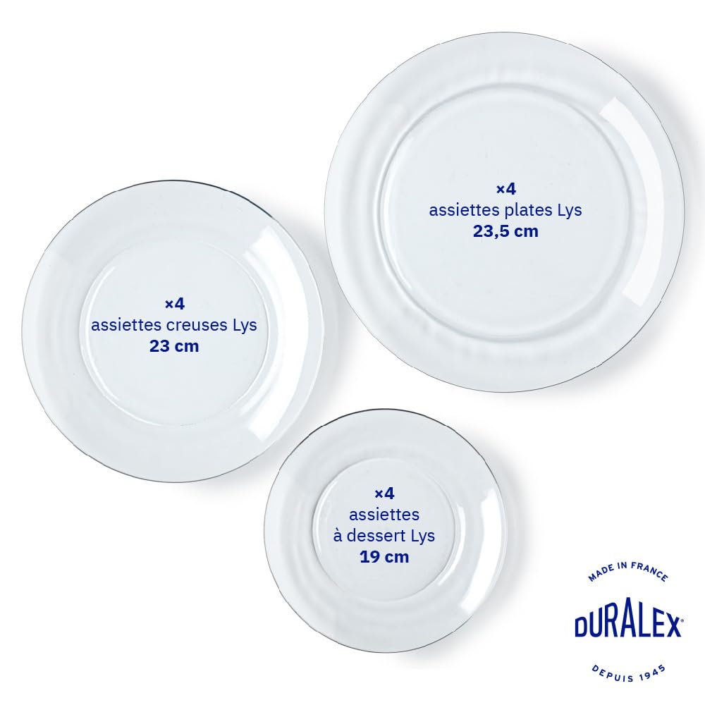 Duralex® Lys Servizio da 12 pezzi, piatti piani 23,5 cm, piatti fondi 23 cm, piattini da dessert 19 cm, vetro trasparente ultra resistente ai graffi, per microonde e lavastoviglie, made in France