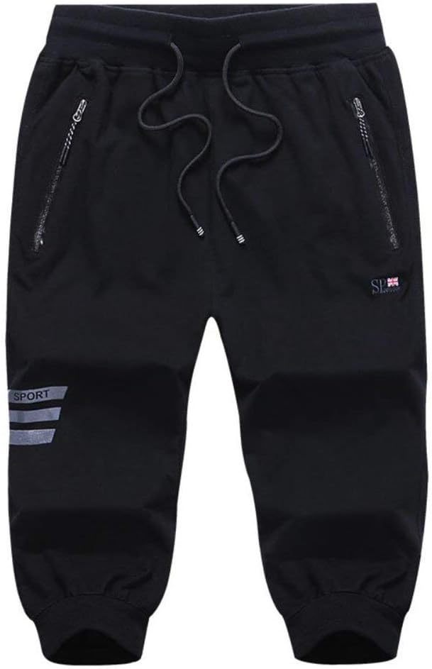 Amoystyle Men's 3/4 Capri Pants Jogger Running Workout Shorts Zipper Pockets
