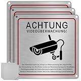 UXOIEPIO 3er Set Schild Videoüberwachung Privatgrundstück 15 x 15 cm aus Aluminium mit Klebeband - Hinweisschild Videoüberwachung inkl. DSGVO Hinweis, selbstklebend & vorgebohrt