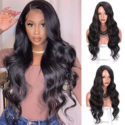 Vigorous Black Wavy Wig for Women Long Body Wave Wig Synthetic Hair Wig Right Side Part Wig Natural Looking Wigs for Daily Party Use