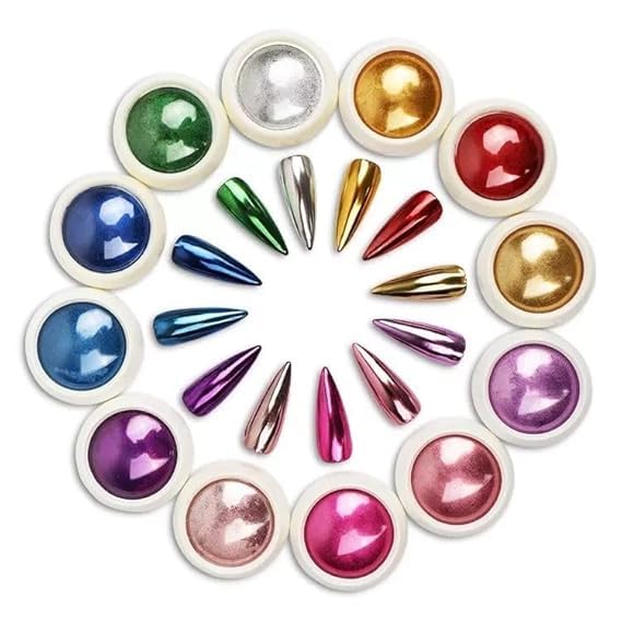Chrome Nail Powder Set, 12 Colours Metallic Holographic, for Gel Nails Manicure