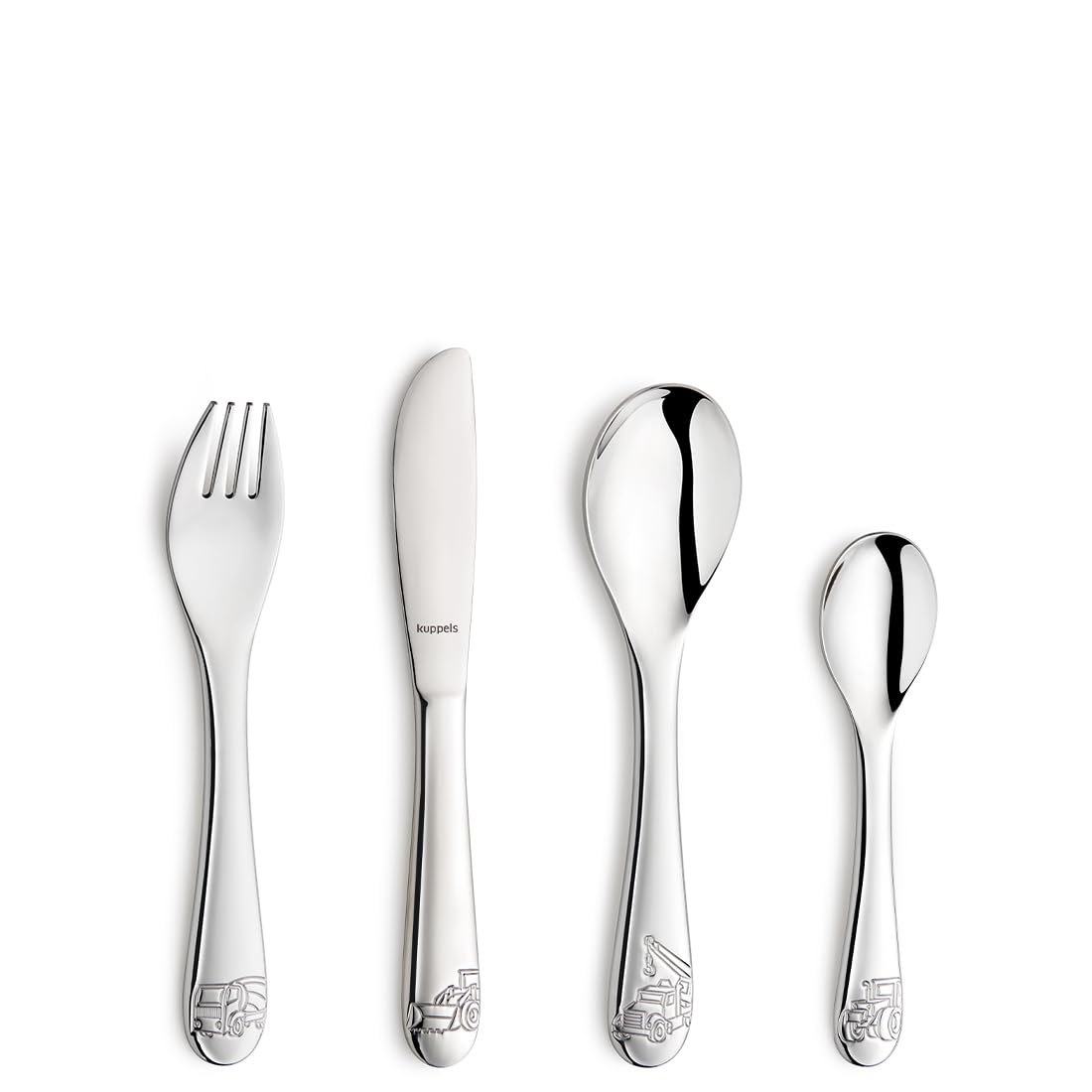 Kuppels Set di posate per bambini da cantiere, 4 pezzi, in confezione regalo, a partire dai 4 anni, in acciaio inox 18/10, forchetta e coltello, cucchiaio e cucchiaino, lavabile in lavastoviglie e
