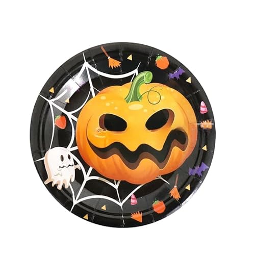 50枚 ハロウィンテーマの紙皿 丸型パーティープレート 漫画デザイン 使い捨て食器 ハロウィンパーティー用 かわいいテーブルデコレーション (50枚,7インチ)