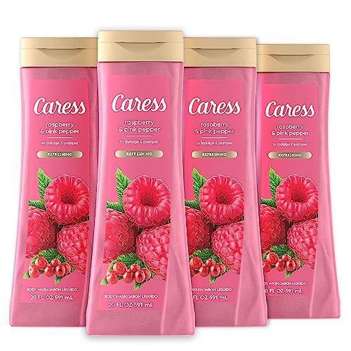 Image of Caress Body Wash Raspberry & Pink Pepper To Indulge And Pamper Refreshing Body Soap 20 fl oz, Pack of 4