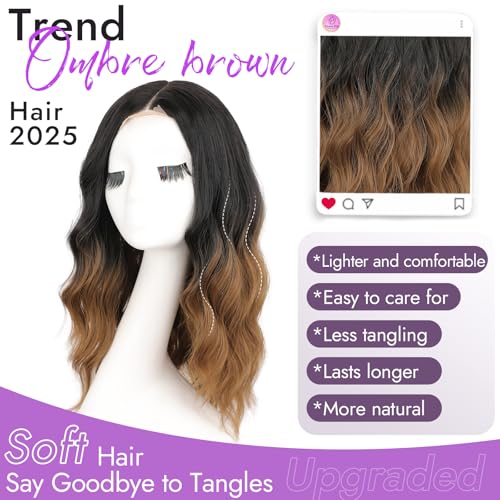 Image of Eawwii Wigs for Women Ombre Brown,Short Wavy Synthetic Lace Wig 18 Inch | Glueless 4x1 Lace Hairline, Heat-Resistant Fiber,Bob Wave Style,Natural Appearance for Everyday Cosplay