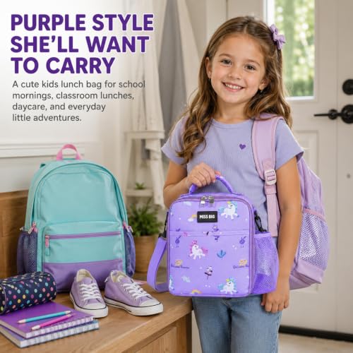 MISS BIG Purple Unicorn Lunch Bag for Girls, Insulated Kids Lunch Tote, 5L — view 2