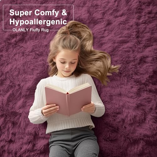 OLANLY 6x9 Machine Washable Large Area Rugs for Living Room, Bedroom, Soft Fluffy Shaggy Bedside Rug, Indoor Floor Carpet for Kids Girls and Boys, Dorms, Nursery, Home Decor Aesthetic, Burgundy