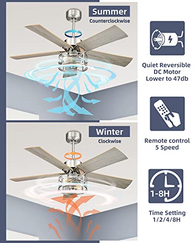 Image of YOUKAIN Farmhouse Ceiling Fans, 48 Inch Industrial Ceiling Fan with Light and Remote Control, Clear Glass, 5-Reversible Blades with Gray Oak /Burlywood Finish, 52-YJ632-BN