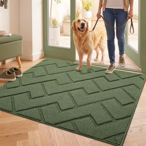 Image of hicorfe Front Door Mat Outside Entrance,32 inchx40 inch Absorbent Muddy Dirt Resist Welcome Door Mats Outdoor Indoor,Stain and Fade Resistant,Non Slip Backing Entry Mat Doormat for Entryway(Green)