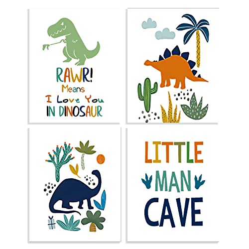 Image of Rawr Means I Love You in Dinosaur Colorful Poster Wall Art Prints Dinosaur Themed Art Decor for Home Bedroom Kids Boys Room Playroom,Boys Kids Gifts，8”x 10”Inch Poster Paintings Set of 4 Art Decor