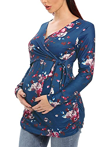 POSHGLAM Damen Umstandsshirts Stillkleidung Niedlich V-Ausschnitt Schwangerschaft Tops mit Verstellbarer Seitlicher Krawatte Schleife, B08 Navy Pink Flower, Mittel Cover