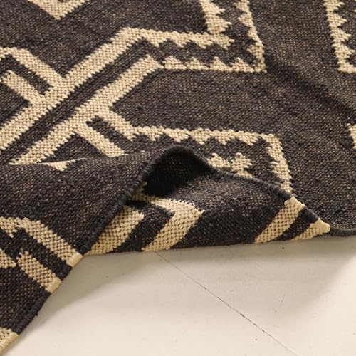 Image of Peepul Tree Handcrafted Monochrome Carpet Black & Beige | Natural Fibre Wool & Jute Rug 3x5 Ft | Geometric Print Area Rug for Home Decor & Gifting | Bedside Runners & Floor Rug| 91Cm x 152Cm