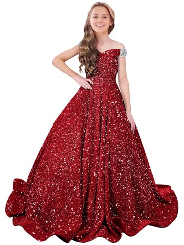 Sukleet Girl's Off The Shoulder Sequin Pageant Dresses Sparkly Ball Gown Long Formal Prom Dress