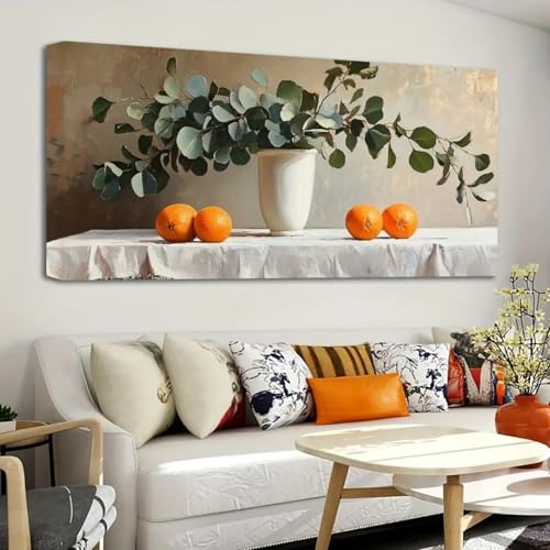 Vase et bol à fruits vintage tableau nature morte de cuisine 50x100cm