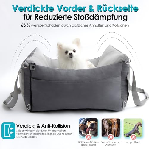 Hundesitz Auto für Kleine & Mittlere Hunde Unter 15KG, Tragbares Hundekorb mit Ausziehbarer Ruhebereich, Abnehmbarer und Waschbarer Auto Reise Hundebett mit Staufächern und Sicherheitsgurt