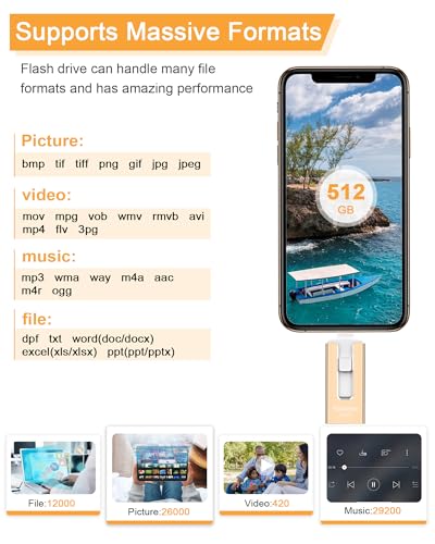 Image of USB Flash Drive 512GB, Photo Stick Memory External Data Storage Thumb Drive Compatible for Phone, Pad, Android, PC and More Devices (Gold)
