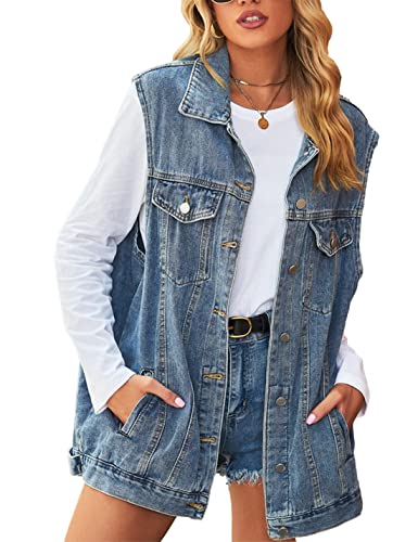 Zontroldy Denim Jean Vest for Women Sleeveless Oversized Button Down Denim Jean Vest Waistcoat Shacket Jacket