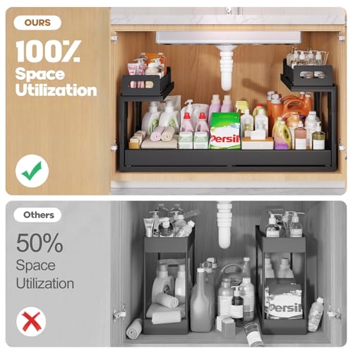 Image of 1 Pack-19 inch-32 inchW Expandable Under Sink Organizer With Upgrade Ball-Bearing Slide,2-Tier Pull Out Under Cabinet Organizer Height Adjustable,Not Suitable For Cabinets With Partitions In The Middle