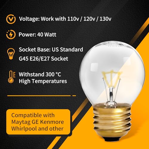 Image of Oven Light Bulb - 40 Watt Appliance Bulb for Maytag GE Ken-More Whirlpool Oven /Stove /Range Hood /Microwave /Refrigerator, G45 E26 /E27 Socket, Medium Brass Lead, High Temp - 4 Pack