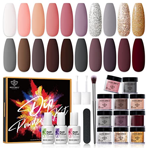 Dip Powder Kit Starter 20 Colors Modelones Gray Dip Nail Kit for Beginner Dipping Powder Set Kit with Dip Liquid Base Top Coat Perfect for DIY And Salon Use