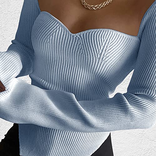 Image of Women's Square Neck Ribbed Knitted Sweater Long Sleeve Crop Slim Fitted Basic Pullover Tops