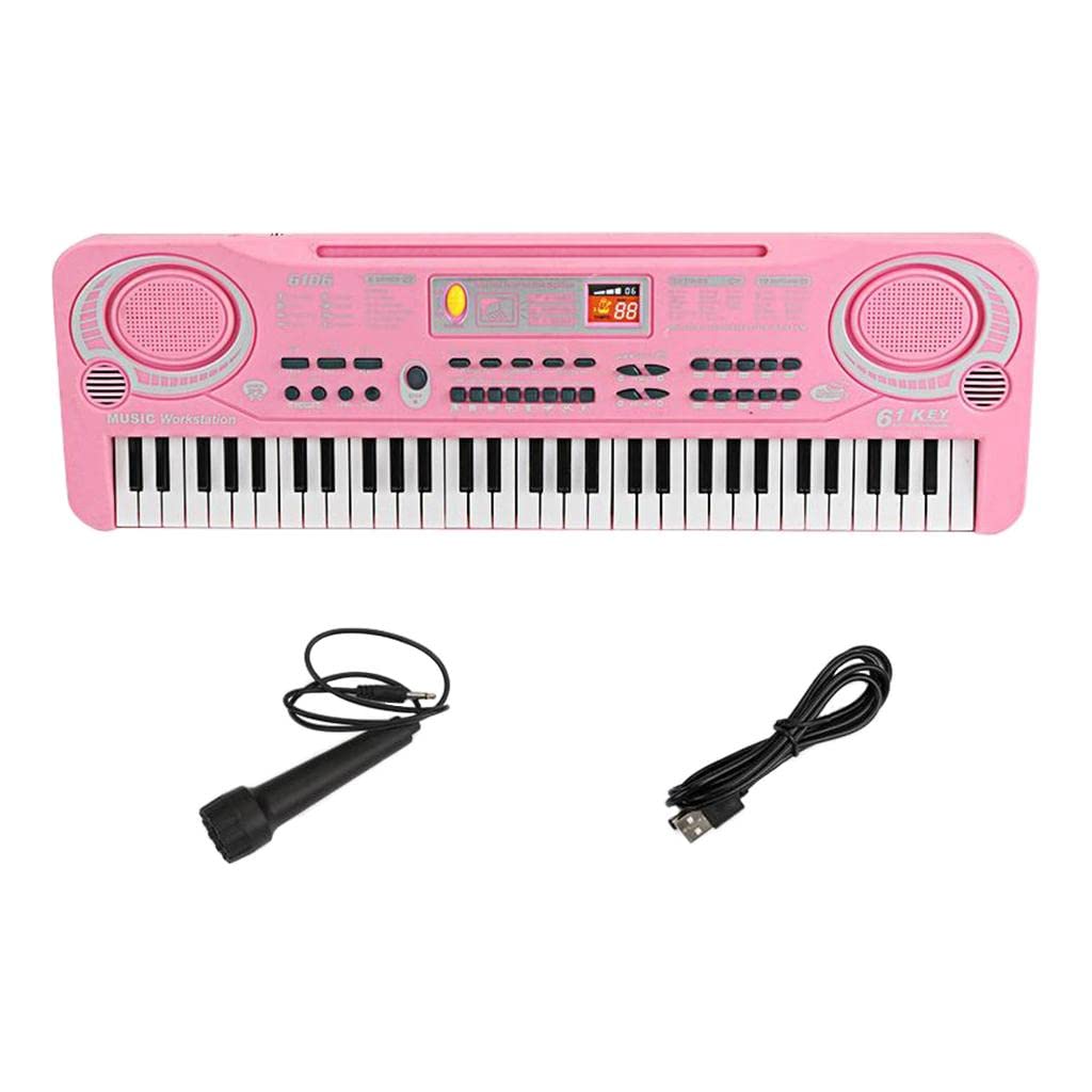 Piano Digital Teclado Musical Portátil Micrófono 61 Teclas Grabación USB Adecuado para Niños Enseñanza Musical en Casa Y Fiestas Infantiles, Rosado