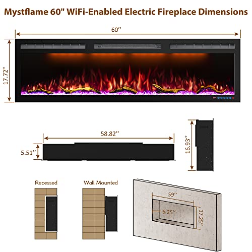 Image of 60-Inch WiFi Electric Fireplace, 5.51-Inch Deep Recessed or Wall-Mounted Heater, 1500W, 6 Flame and 13 Ember Colors, Tuya App, Alexa, Google Home, Remote