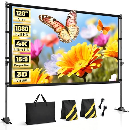 Image of 120 inch Outdoor Projector Screen with Stand, Portable Projector Screen Outdoor with Sand Bag, 16:9 4K HD Movie Screen with Carry Bag for Backyard, Camping, Theater