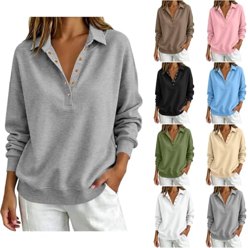 Image of Ladies Sweatshirts without Hood Half Button Sweatshirts for Women Long Sleeve Drop Shoulder V Neck Collared Oversized Polo Shirts Loose Fit Lightweight Pullover Hoodie without Hood Solid Basic Jumpers