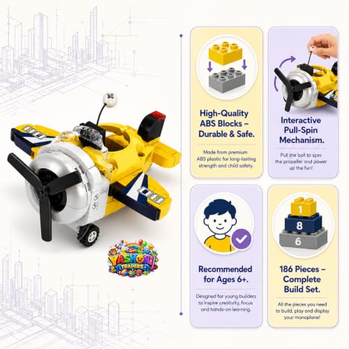Image of Yashoni Mono Plane Building Blocks Set - 186 Pcs Racing Stunt Aircraft Model | Pull String Propeller Action, STEM Construction Toy for Kids 6+ Boys & Girls | Educational 3D Building Kit, Gift