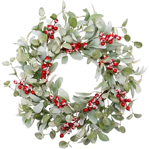 Image of 20 Inch Artificial Christmas Wreath Lambs Ear Leaves Door Wreath Winter Wreath with Artificial Snow Red Berries Christmas Decorations for Home Wall Window Decor