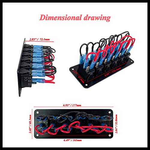 Image of 6 Way Customizable Red Marine Boat Rocker Switch Panel with Aluminum Mounting Housing Pre-Wired Toggle Switch Panel for Car Truck Jeep Van Lorry Pickup RZR Dash Waterproof 12V 24V