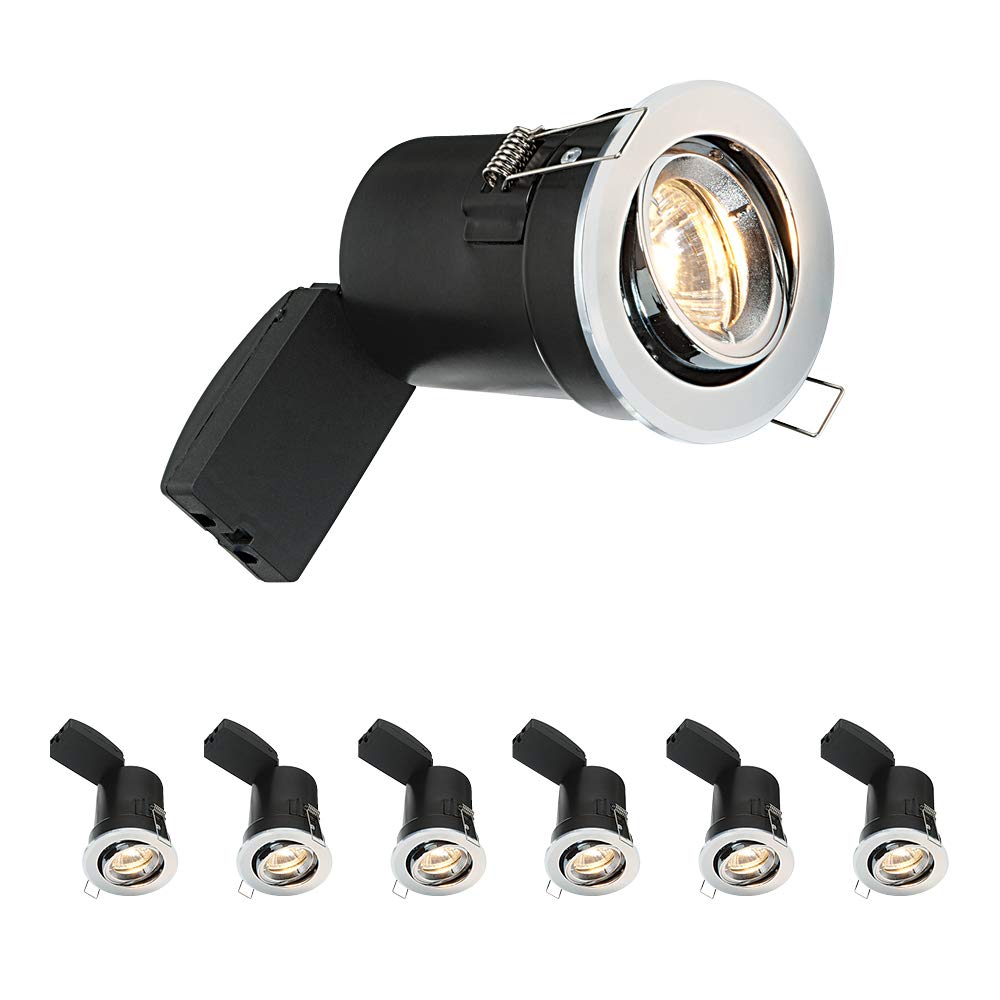 National Lighting Fire Rated Downlights, Chrome Adjustable Ceiling Lights, GU10 Halogen or LED, Dimmable Recessed Spotlights IP20 Rated - Pack of 6
