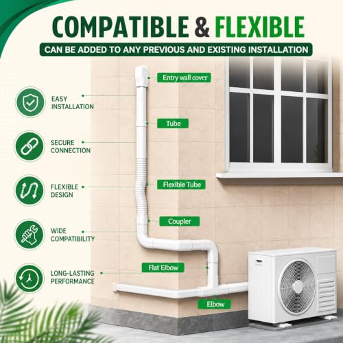 Image of Hukimoyo 8Ft PVC Air Conditioner Line Set Cover Kit Split AC Pipe Cover & Cable Concealment Kit Decorative AC Pipe Casing with Connectors Indoor & Outdoor Weather Resistant Installation Cover