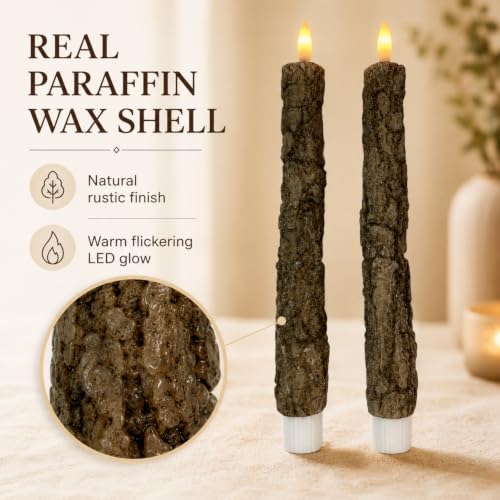 Image of Tree Bark Flameless LED Taper Candles, 10 Inch Flickering Wax Candles with Remote & Timer, Battery Operated Dripless Tapered Candle for Home Wedding Decor, 2Pack