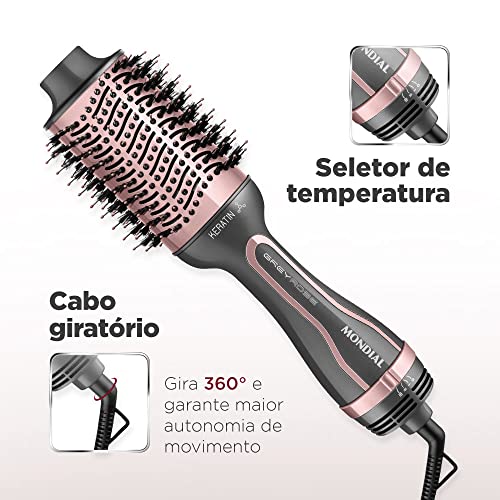 MONDIAL Escova Secadora Keratin, Bivolt, 1200W, Grafite/Golden Rose - ES-11-BI