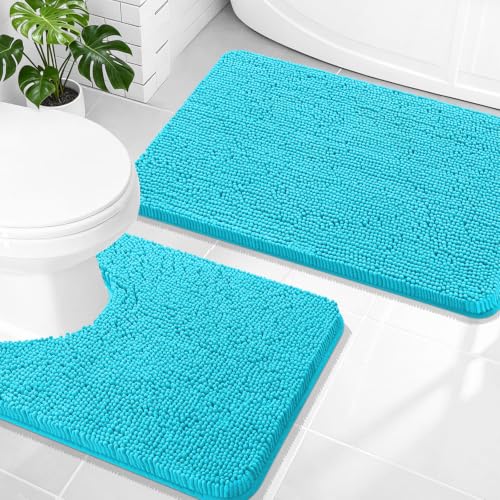 Image of OLANLY Bathroom Rugs Sets 2 Piece, Soft Absorbent Chenille Bath Mats and U-Shaped Contour Toilet Mat Area Rug Set, Machine Washable Bath Carpet, Home Decor Accessories(30 inchx20 inch+24 inchx20 inch, Aqua Sky)