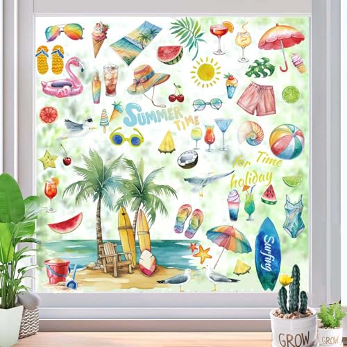 9 Sheets Summer Window Clings Double-Side Glass Decals Beach Sun Tropical Window Stickers for Mirror Glass Display Shop Office School Supplies Reusable