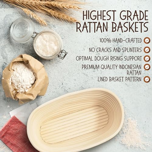 Superbaking 10" Oval Banneton Bread Proofing Basket Gift Set – Sourdough Starter Kit for Crusty Artisan Style Loaves, Includes Essential Bread Baking Supplies & Tools - Ideal Gift for Bakers