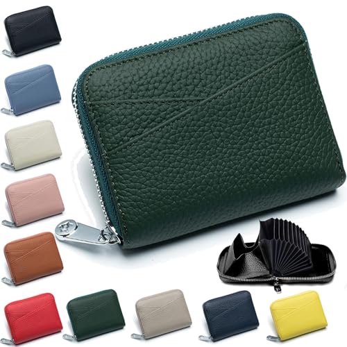 Credit Card Holder for Women Men RFID Blocking Wallet RFID Skimming Prevention Genuine Leather Wallet Multifunctional 14 Cards Compact Zipper Cards Mini Credit Card Anti-theft (Dark Green)