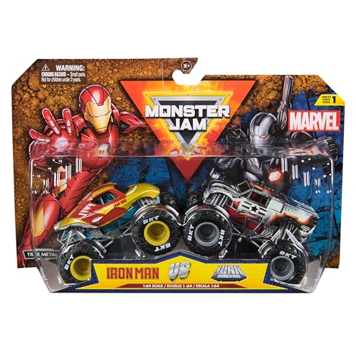 Monster Jam - Pack 2 Coches Monster Truck Marvel Oficial Escala 1:64 METÁLICOS - Modelo Aleatorio - Coches para Niños - Juegos Infantiles - Juguetes Niños 3 años +