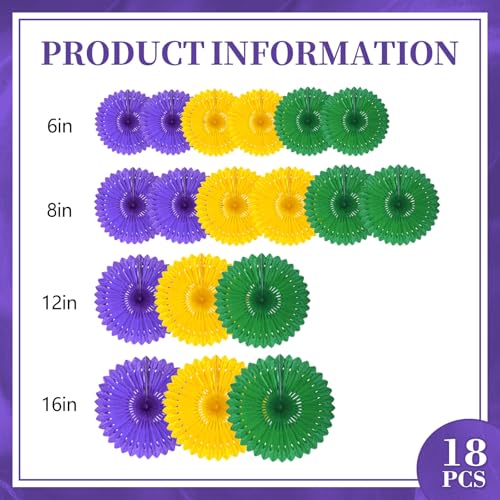 Image of 18 Pcs Mardi Gras Hanging Paper Fan, Hanging Honeycomb Round Paper Fans for Weddings, Birthdays, Christmas, Baby Showers, Classroom, Events Ceiling Party Supplies Decorations
